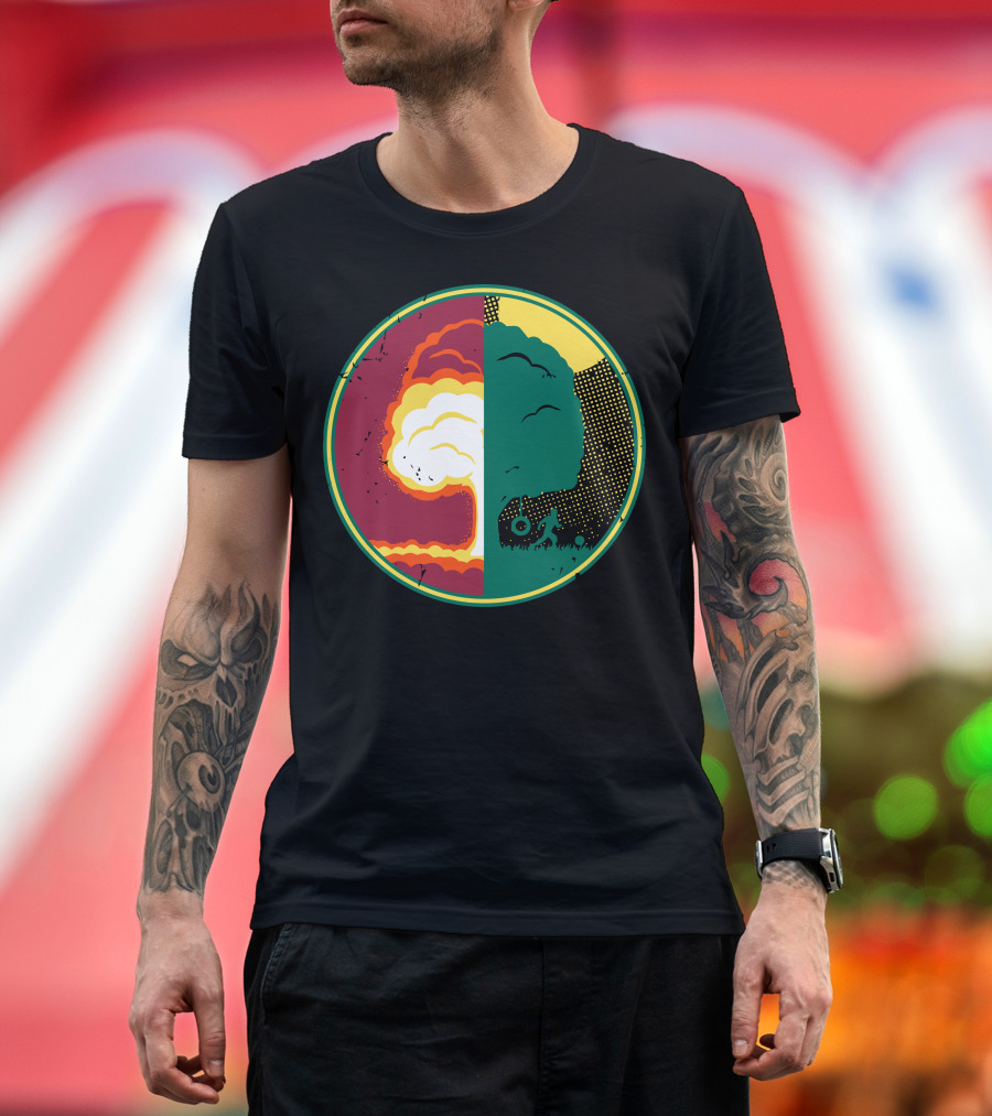 Nature Versus Destruction Symbol with Tree and Explosion Contrast T-Shirt