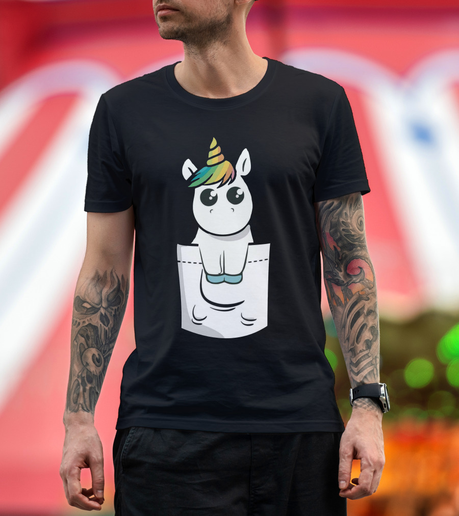 Unicorn With Rainbow Mane Sitting in Pocket T-Shirt
