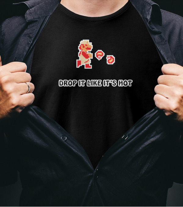 DROP IT LIKE IT'S HOT Retro Game Character Throwing Fireballs T-Shirt