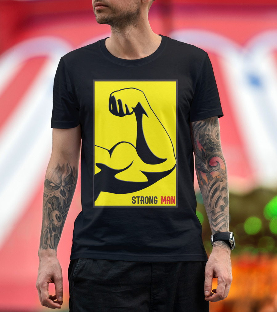 Strong Man Flexing Arm Illustration Yellow and Black T-Shirt