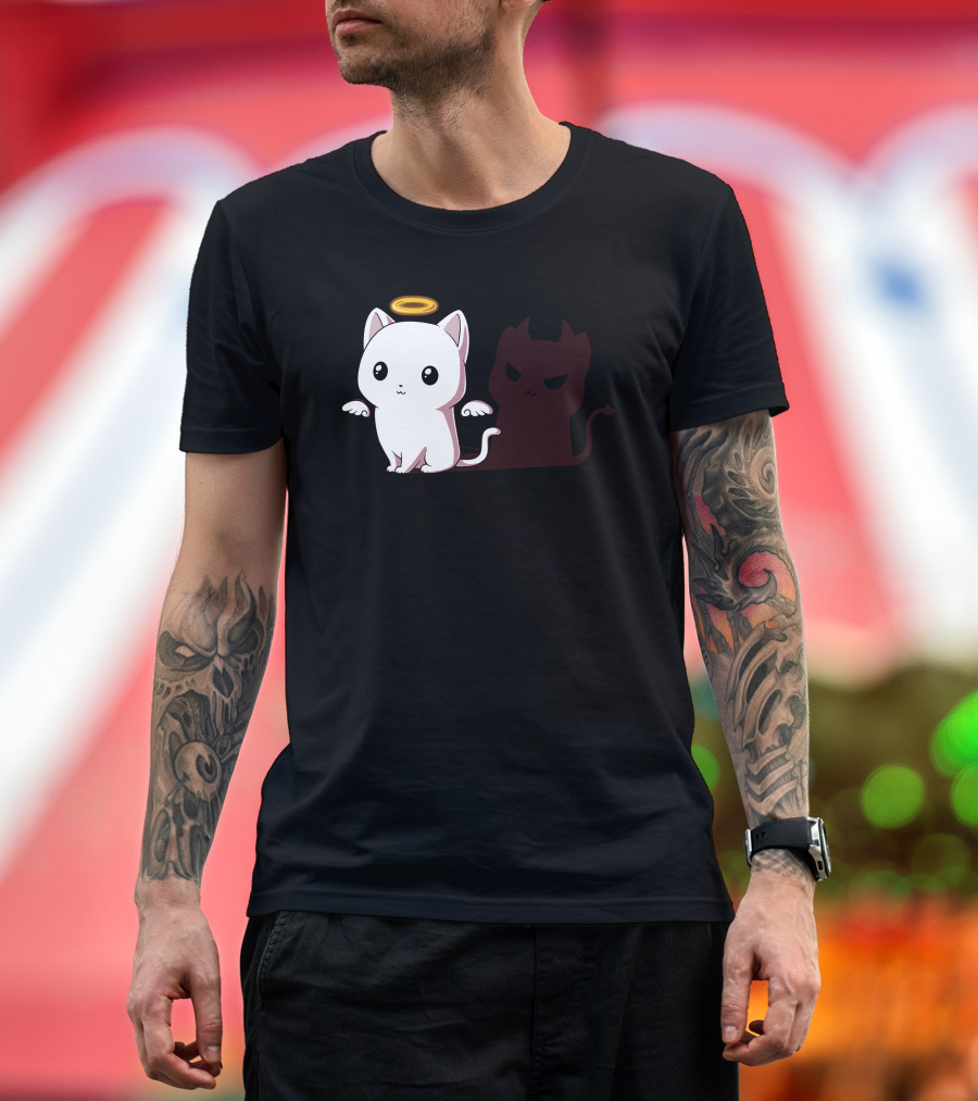 Purr Evil Angel Cat with Devil Shadow T-Shirt