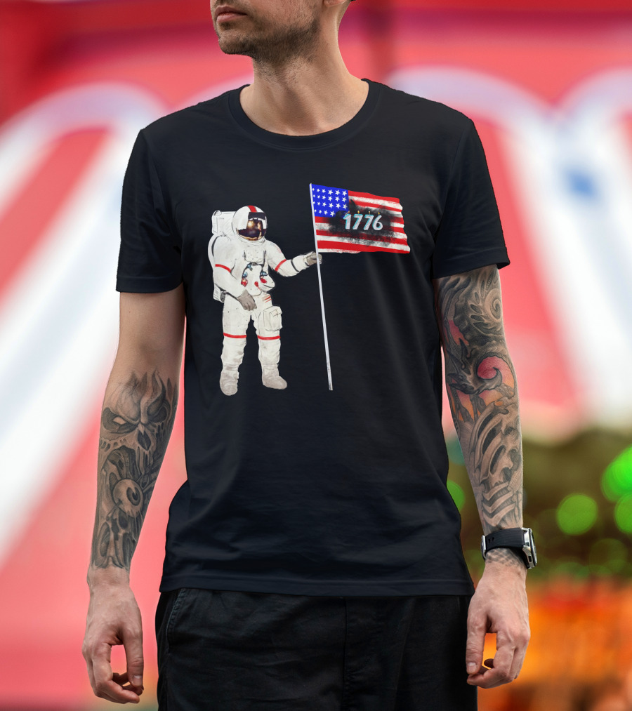 Astronaut Holding American Flag with 1776 T-Shirt