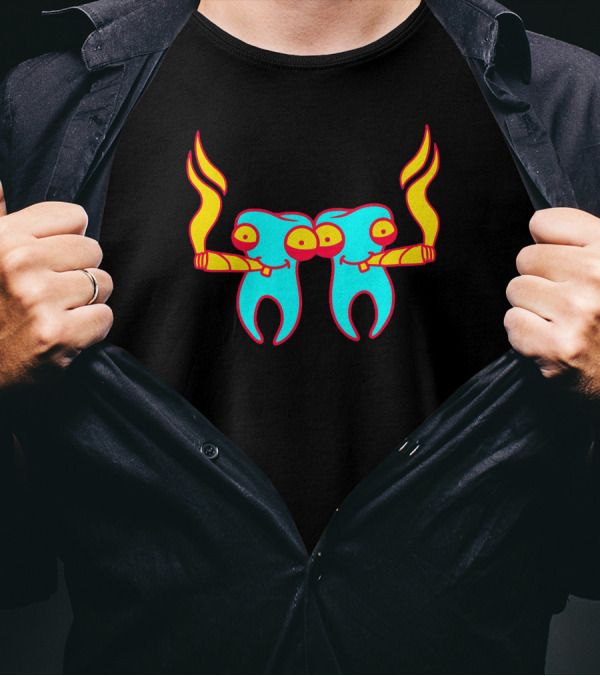 High Tooths With Burning Joint And Colorful Characters T-Shirt