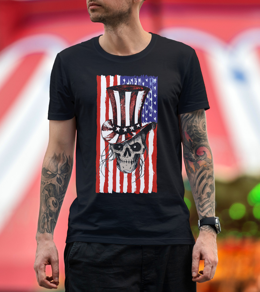 July 4th American Flag Skull with Patriotic Top Hat T-Shirt