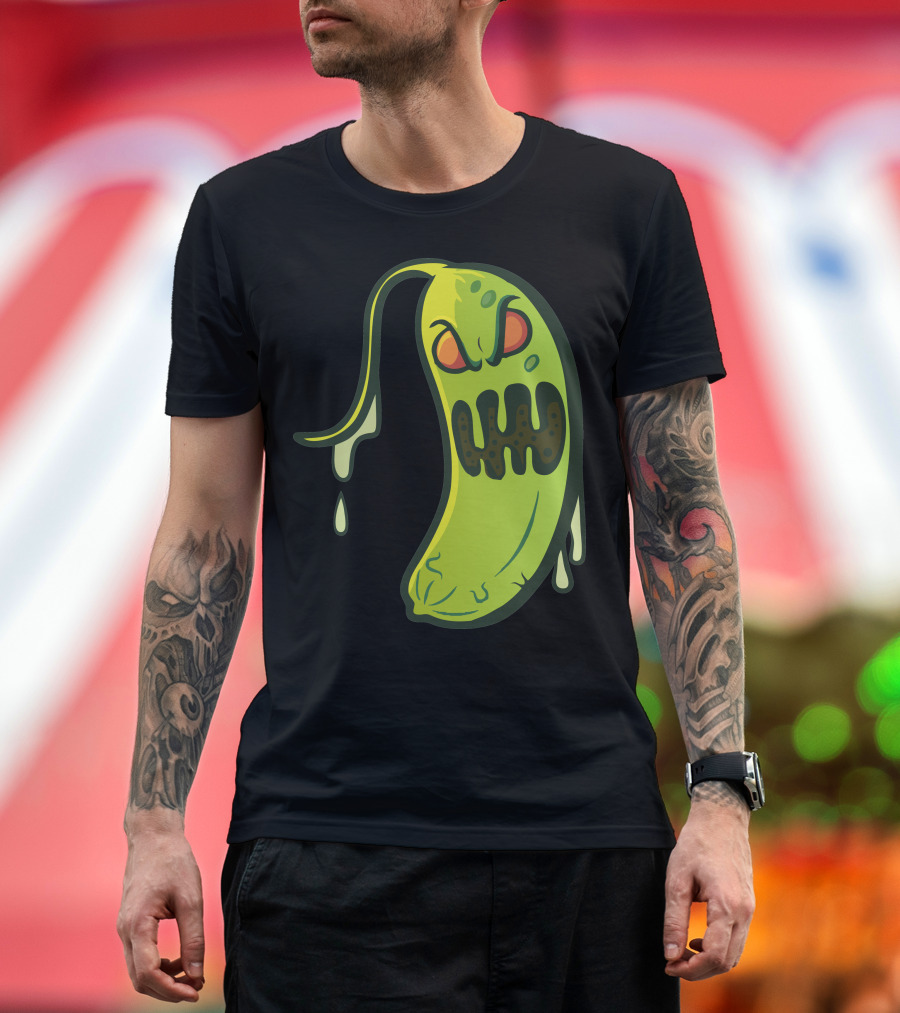 Pickle Monster Grinning with Dripping Goo Drops T-Shirt