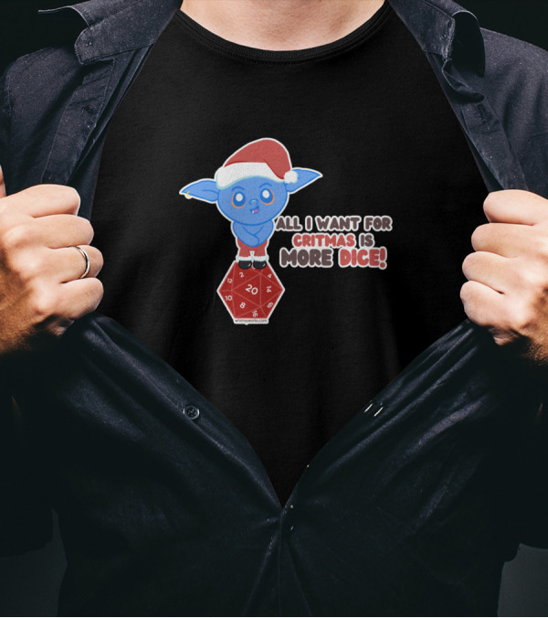Blue Santa Goblin On D20 Dice Critmas Santa Hat Fantasy T-Shirt