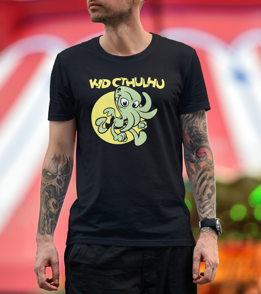 Kid Cthulhu Green Tentacled Character Against Yellow Circle T-Shirt