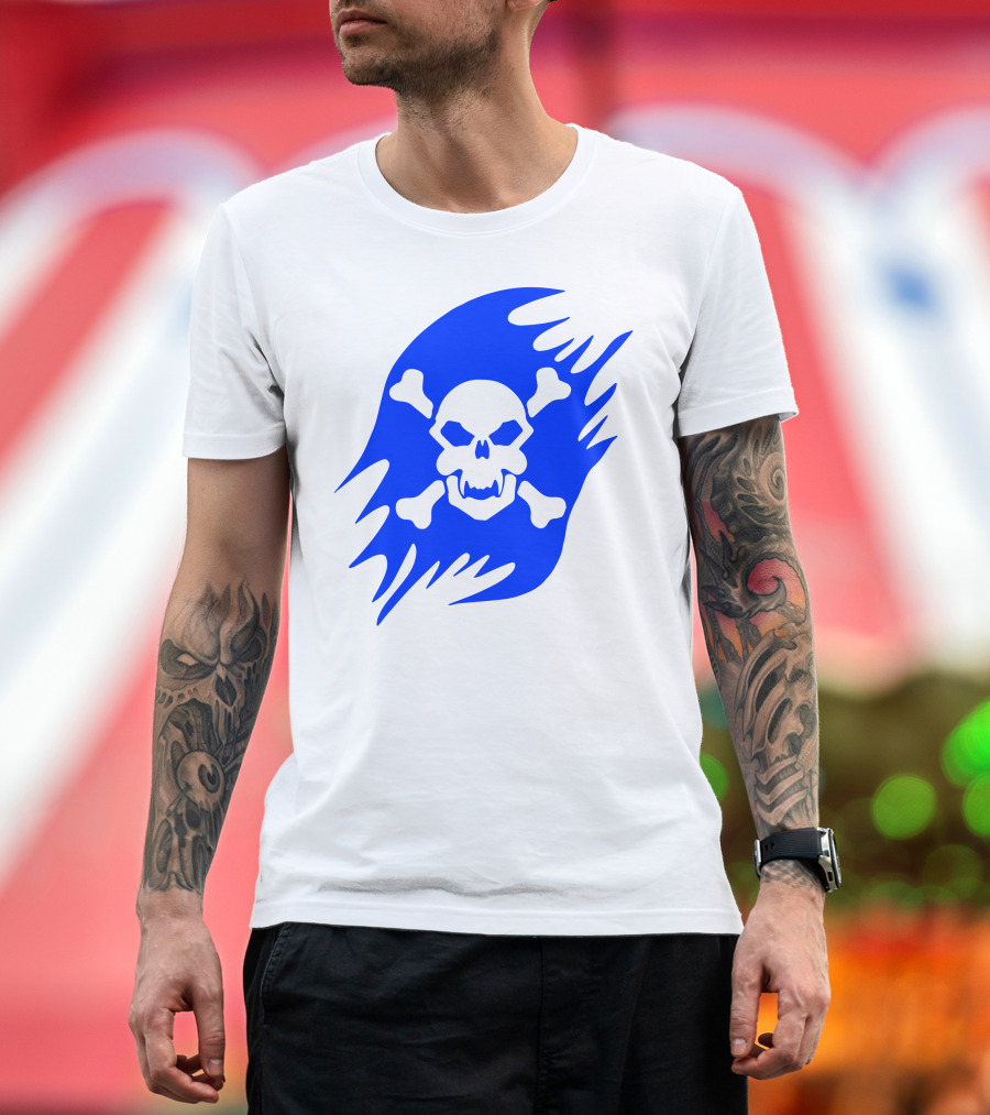 Pirate Flag Skull and Crossbones Blue Flame Custom Vinyl Decal T-Shirt