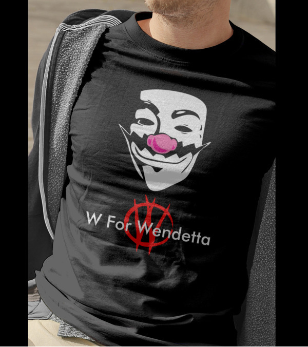 W For Wendetta Guy Fawkes Mask With Pink Nose And Red T-Shirt