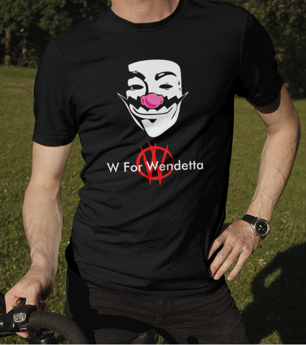 W For Wendetta Guy Fawkes Mask With Pink Nose And Red T-Shirt