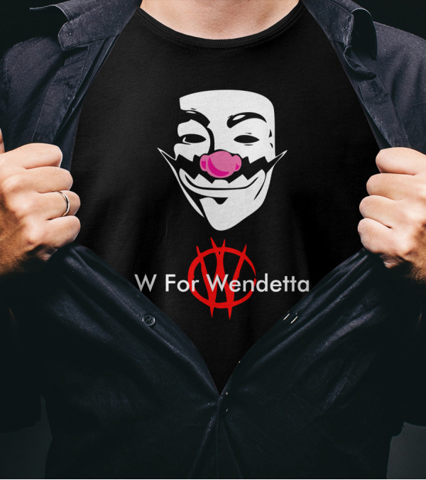 W For Wendetta Guy Fawkes Mask With Pink Nose And Red T-Shirt