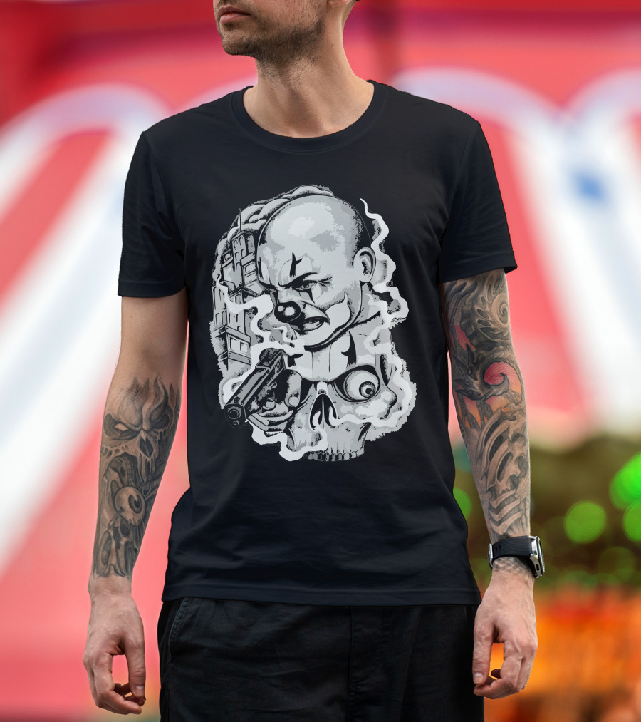 Clown Gun Skull Smoke City Scene T-Shirt