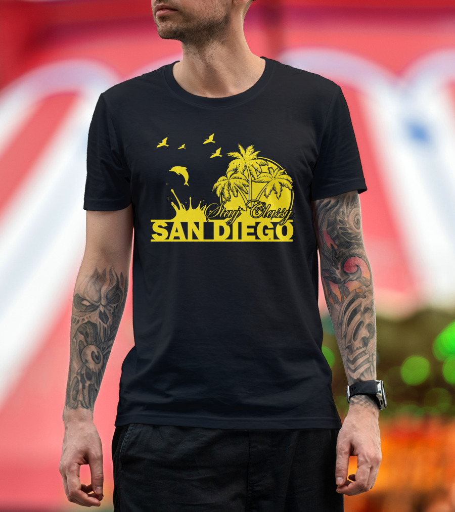 Stay Classy San Diego Dolphins Palm Trees Sunset Birds T-Shirt