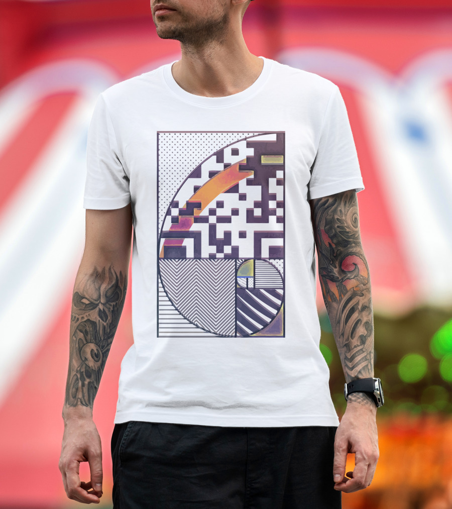 Once Golden Geometric Pattern with Retro Sunset and Maze Elements T-Shirt