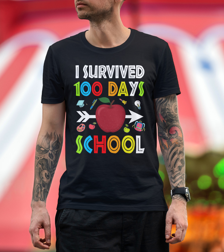 I Survived 100 Days School Apple Arrow Light Bulb Backpack Palette T-Shirt