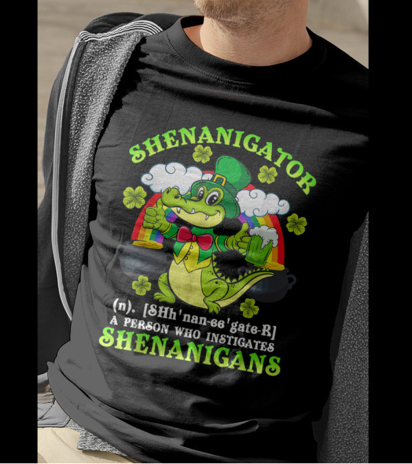 Shenanigator Definition Shenanigans Funny St Patrick Rainbow Leprechaun Crocodile T-Shirt