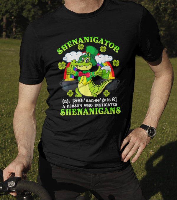Shenanigator Definition Shenanigans Funny St Patrick Rainbow Leprechaun Crocodile T-Shirt