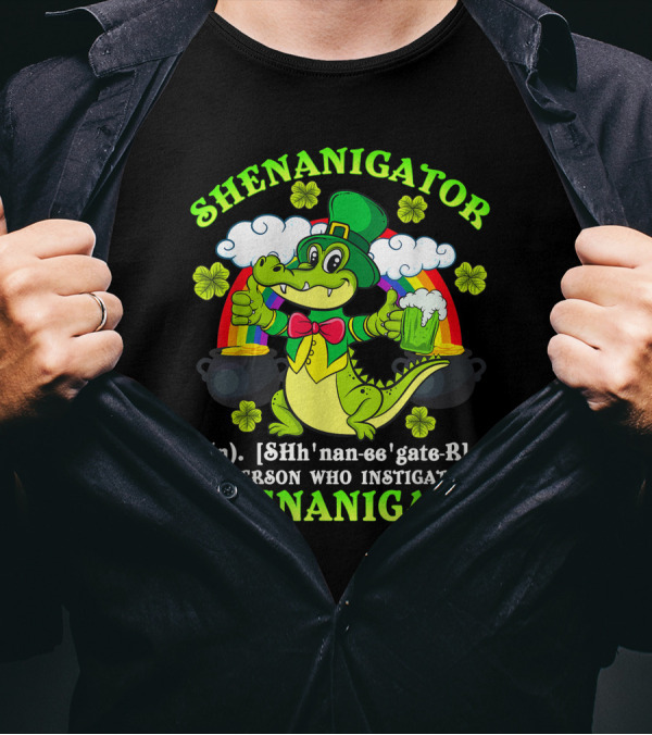 Shenanigator Definition Shenanigans Funny St Patrick Rainbow Leprechaun Crocodile T-Shirt