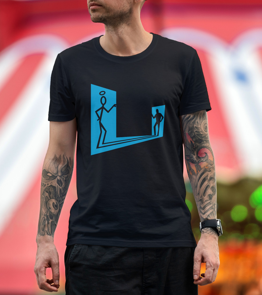 Enter The Saint Stick Figures with Halo and Shadow Silhouette in Blue Rectangular Frame T-Shirt
