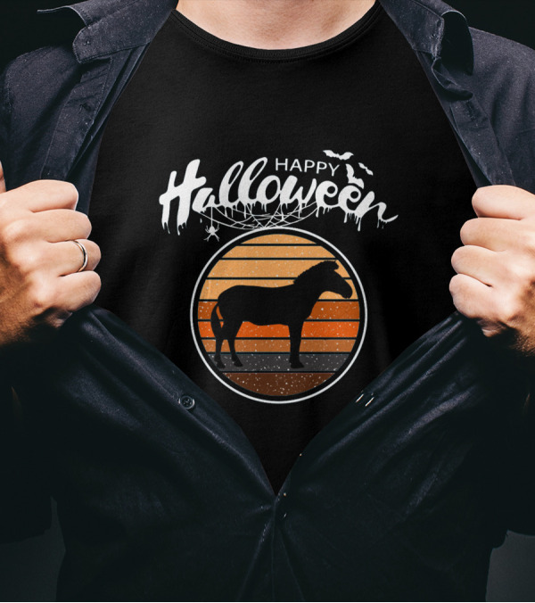 Happy Halloween Beautiful Zebra Silhouette With Bats And Spider Web T-Shirt