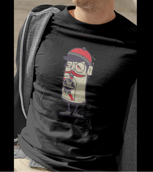 Pabst Blue Ribbon Hipster Can Character Red Beanie T-Shirt