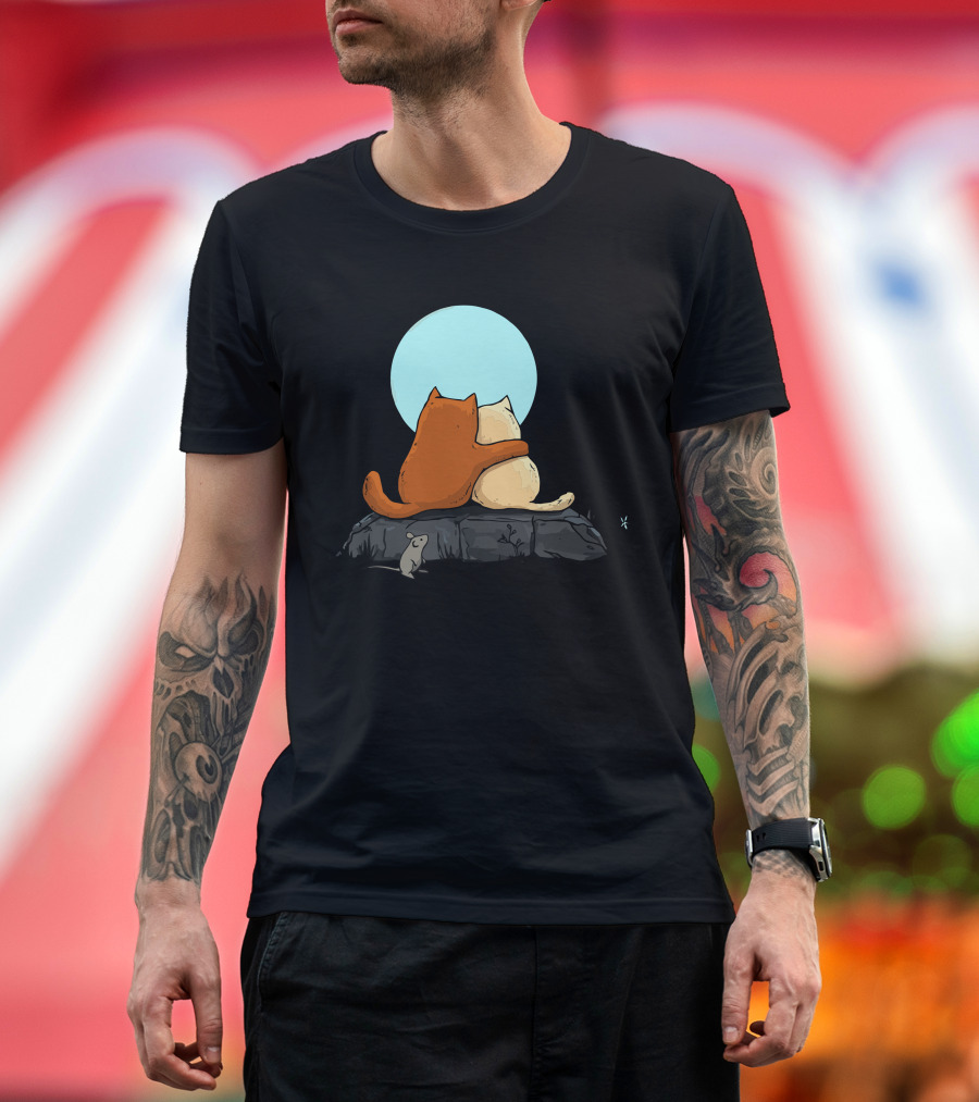 Two Cats Cuddling Under the Moon with Mouse Observing T-Shirt