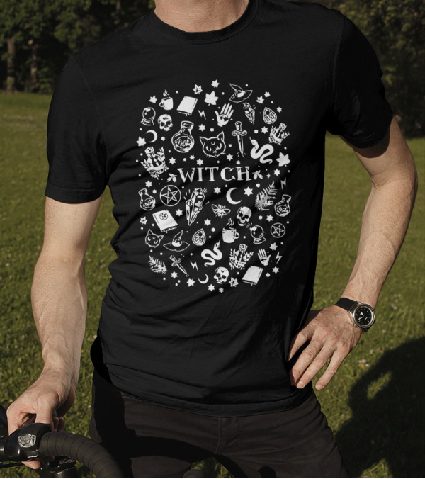 Witch Elements White Cat Skull Moon Pentagram Potion Magic Symbols T-Shirt