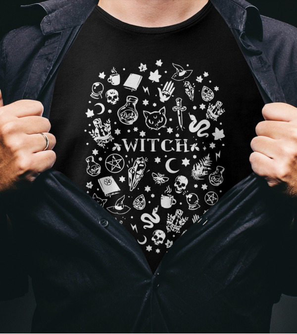 Witch Elements White Cat Skull Moon Pentagram Potion Magic Symbols T-Shirt