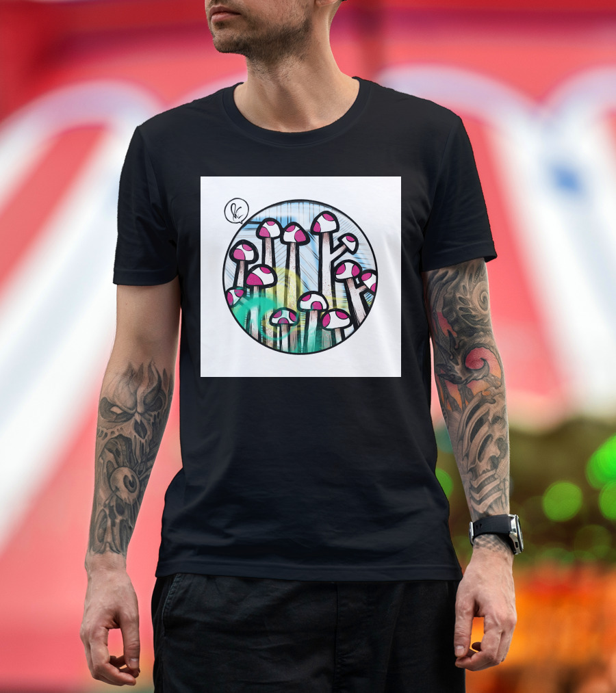 World of Fungus Psychedelic Mushroom Circle Sketch T-Shirt