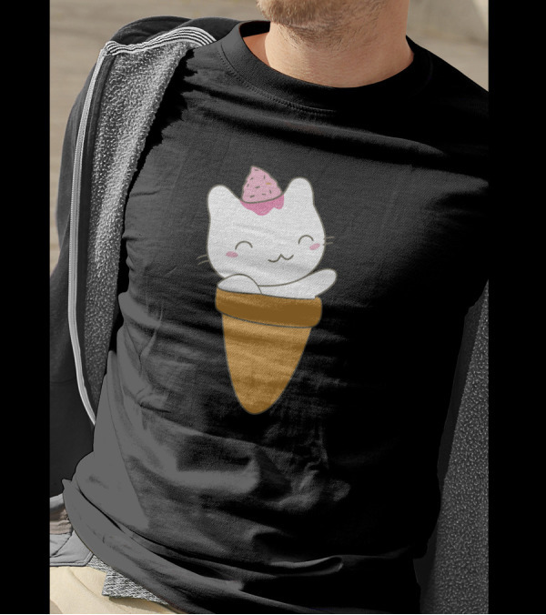 Cat In Ice Cream Cone With Pink Scoop On Head T-Shirt