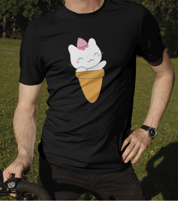 Cat In Ice Cream Cone With Pink Scoop On Head T-Shirt