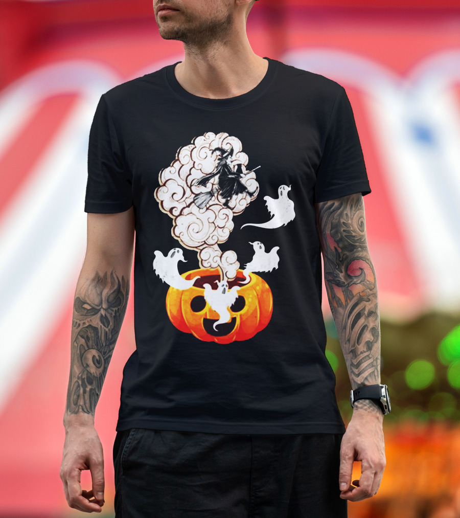 Ghosts and Witch Flying Out of the Pumpkin with Halloween Clouds T-Shirt