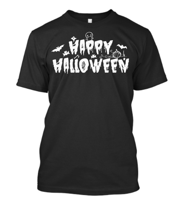Happy Halloween Typography With Bats, Spiders, And Pumpkin Elements In White T-Shirt