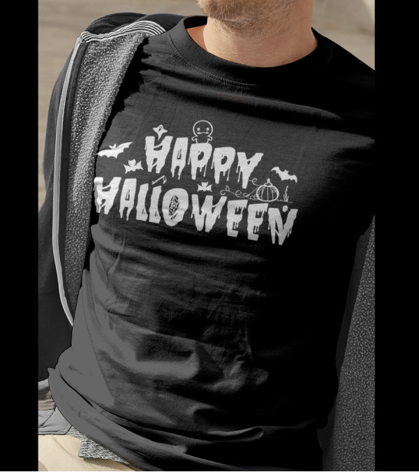 Happy Halloween Typography With Bats, Spiders, And Pumpkin Elements In White T-Shirt