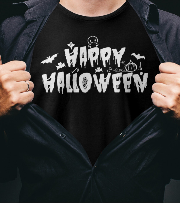 Happy Halloween Typography With Bats, Spiders, And Pumpkin Elements In White T-Shirt