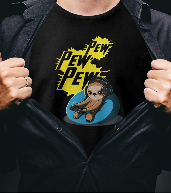 Pew Pew Pew Cute Gamer Headphones Sloth T-Shirt