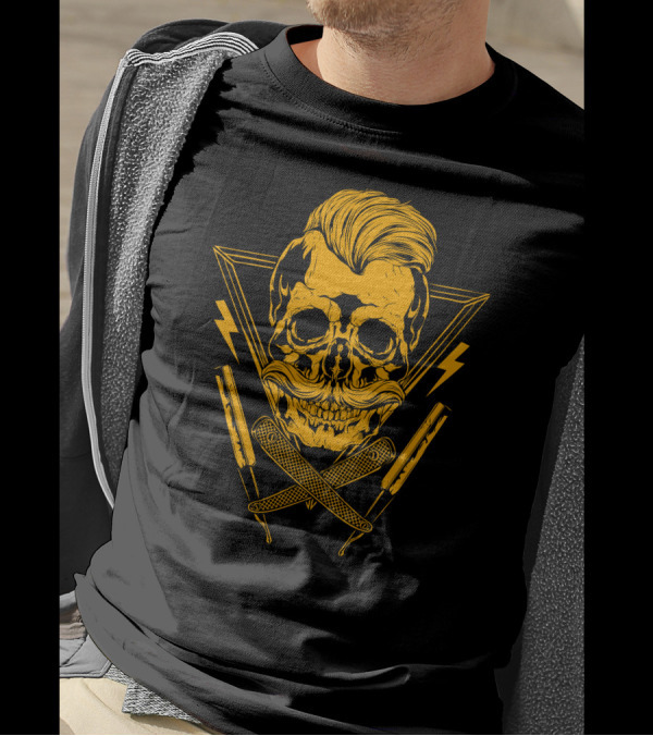 Razor And Beard The Barber Skull With Crossed Straight Razors And Lightning Bolts T-Shirt