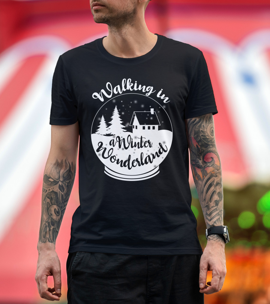 Walking in a Winter Wonderland Snow Globe Scene with House and Trees T-Shirt