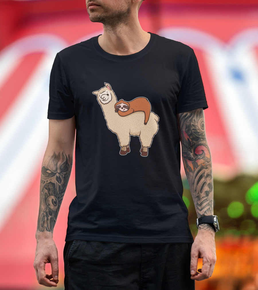 Funny Dreamy Sloth Napping on Happy Llama Animal Friends T-Shirt