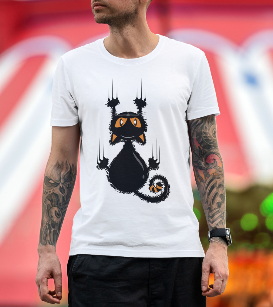 Halloween Funny Black Cat Clawing with Orange Ears and Whiskers T-Shirt