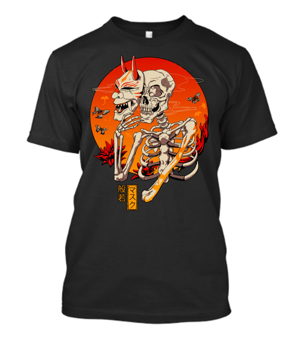 Hannya Yokai Mask Skeleton With Butterflies And Fiery Background Kanji Text T-Shirt