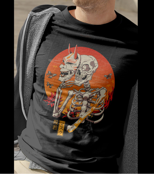 Hannya Yokai Mask Skeleton With Butterflies And Fiery Background Kanji Text T-Shirt
