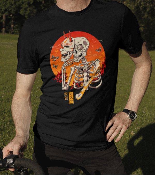 Hannya Yokai Mask Skeleton With Butterflies And Fiery Background Kanji Text T-Shirt