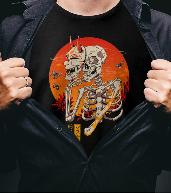 Hannya Yokai Mask Skeleton With Butterflies And Fiery Background Kanji Text T-Shirt