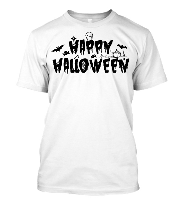 Happy Halloween Typography With Bats, Pumpkin, And Spider Elements T-Shirt