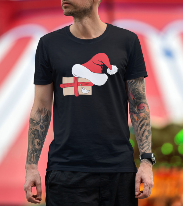 Premium T-Shirt: Christmas Santa Hat with Wrapped Gift Box and Tag T-Shirt Christmas Santa Hat with Wrapped Gift Box and Tag T-Shirt