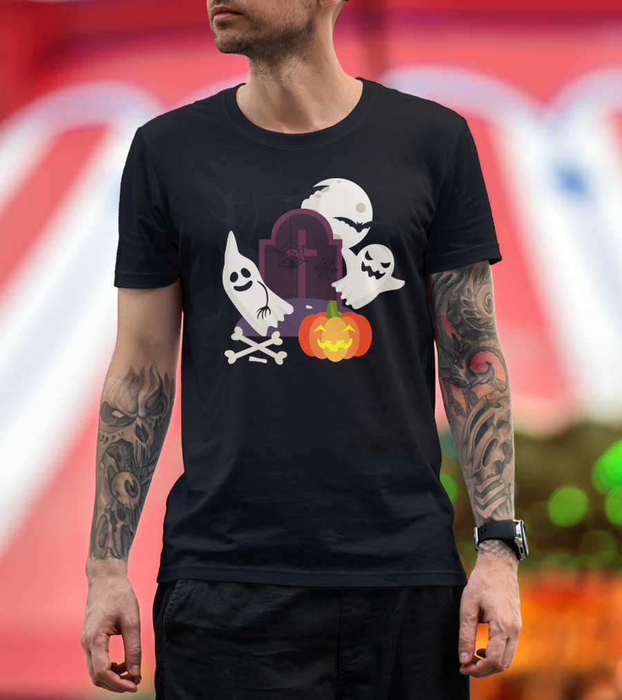 Purple Brown Orange Ghosts Tombstone Pumpkin Moon Bats T-Shirt