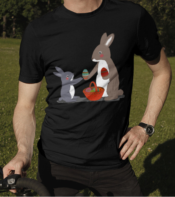 Rabbit Mothers Sharing Colored Eggs In Baskets T-Shirt