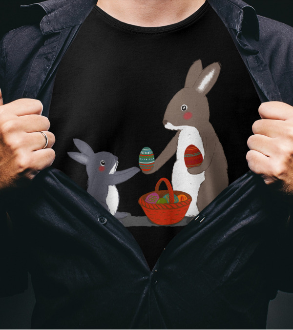 Rabbit Mothers Sharing Colored Eggs In Baskets T-Shirt