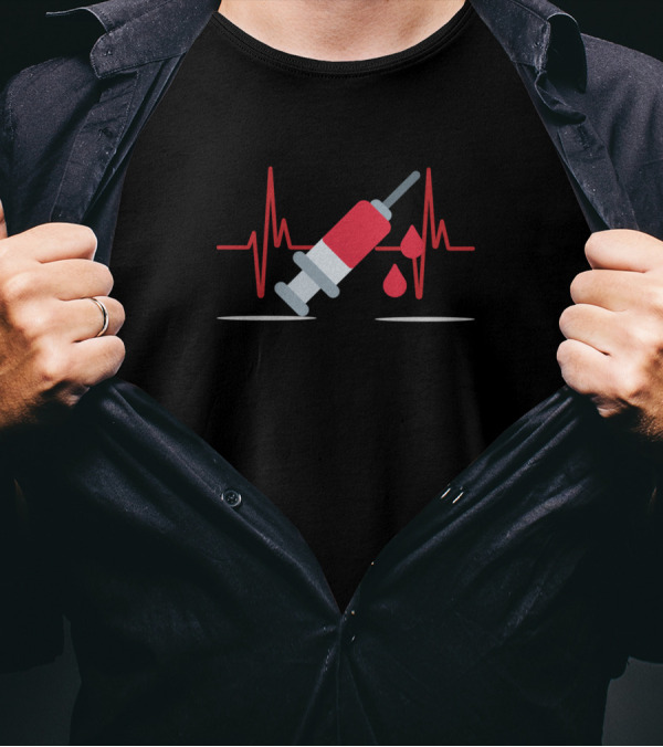 Heartbeat Pulse With Syringe And Blood Drops Phlebotomist Hematology Micro T-Shirt